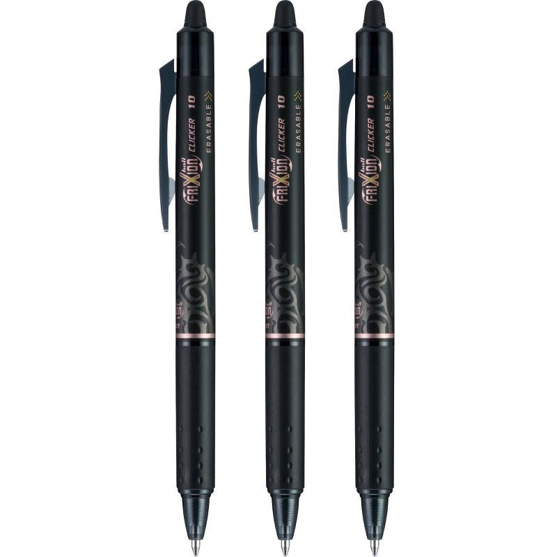 slide 3 of 3, Pilot 3ct FriXion Clicker Erasable Gel Pens Fine Point 0.7mm Black Ink: Retractable, Stationery, Office, Eraser Included, 3 ct