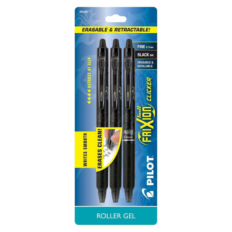 slide 1 of 3, Pilot 3ct FriXion Clicker Erasable Gel Pens Fine Point 0.7mm Black Ink: Retractable, Stationery, Office, Eraser Included, 3 ct