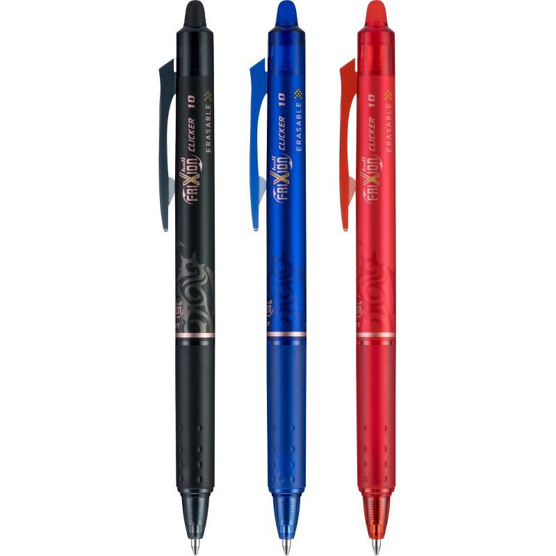 slide 3 of 3, Pilot 3ct FriXion Clicker Erasable Gel Pens Fine Point 0.7mm Assorted Inks: Retractable, Blue/Black/Red, Office Stationery, 3 ct