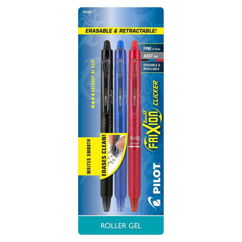 slide 1 of 3, Pilot 3ct FriXion Clicker Erasable Gel Pens Fine Point 0.7mm Assorted Inks: Retractable, Blue/Black/Red, Office Stationery, 3 ct