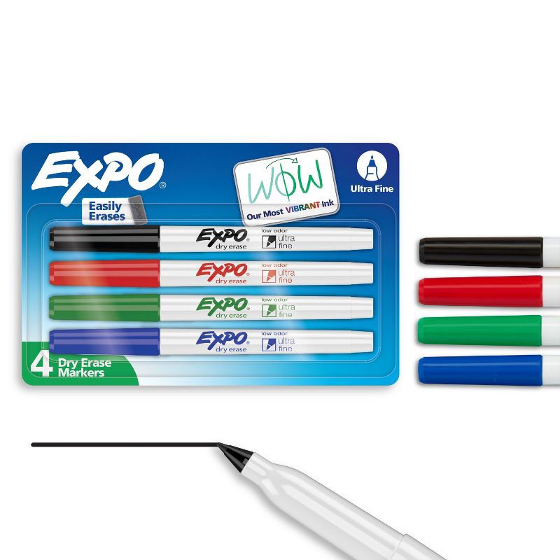 slide 1 of 7, Expo 4pk Dry Erase Markers Ultra Fine Tip Multicolored: Thin Whiteboard Markers, Low-Odor, Erasable, Art & Stationery, 4 ct