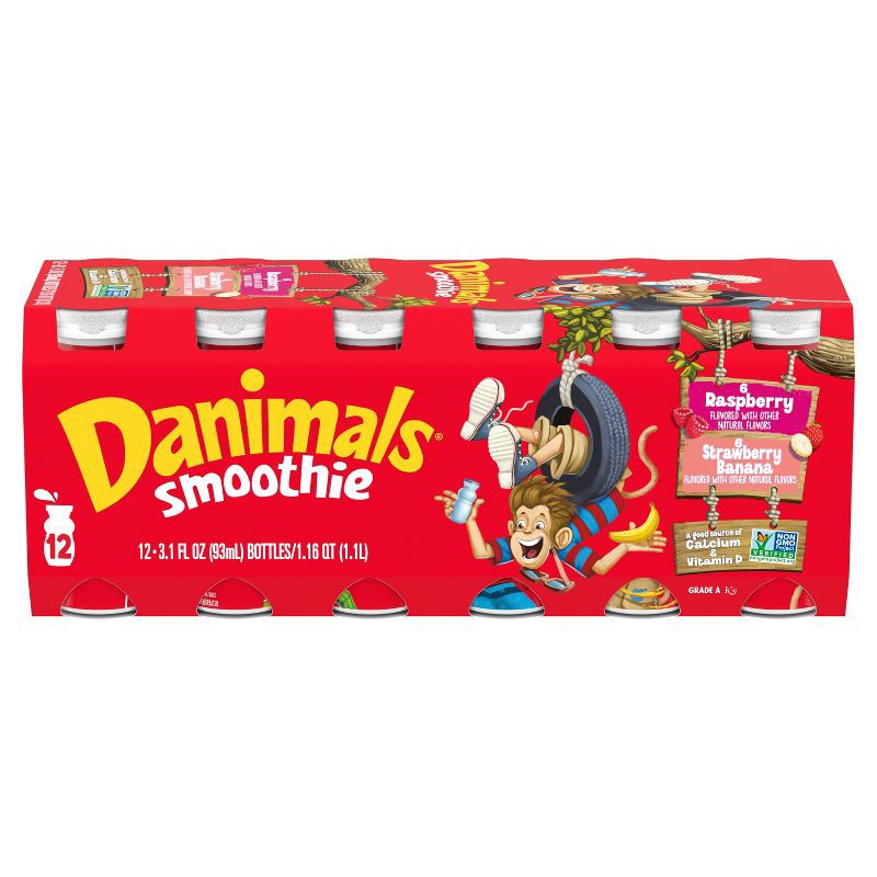 slide 12 of 14, Danimals Strawberry Banana & Raspberry Kids' Smoothies - 12ct/3.1 fl oz Bottles, 12 ct; 3.1 fl oz