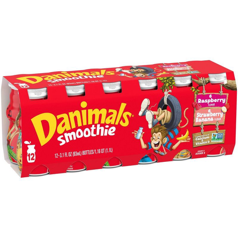 slide 5 of 14, Danimals Strawberry Banana & Raspberry Kids' Smoothies - 12ct/3.1 fl oz Bottles, 12 ct; 3.1 fl oz