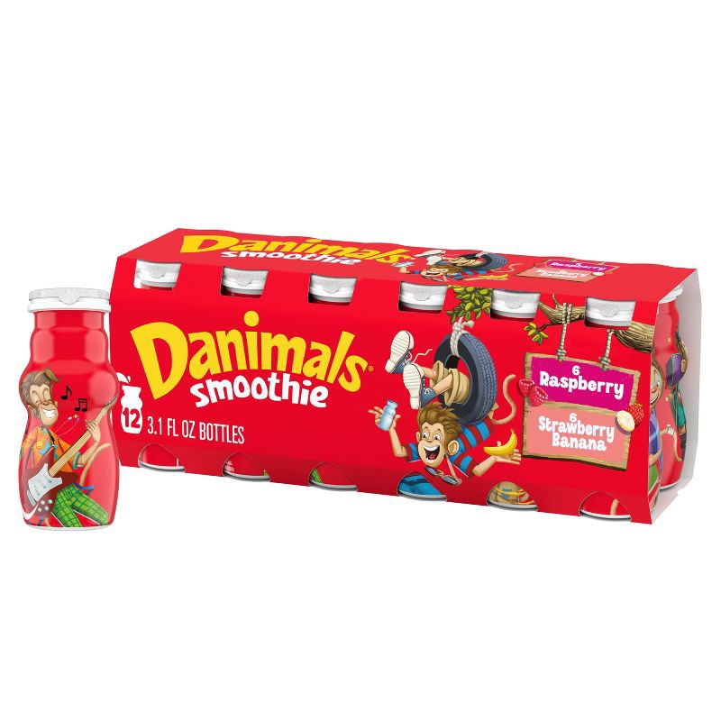 slide 1 of 1, Danimals Strawberry Banana & Raspberry Kids' Smoothies - 12ct/3.1 fl oz Bottles, 12 ct; 3.1 fl oz