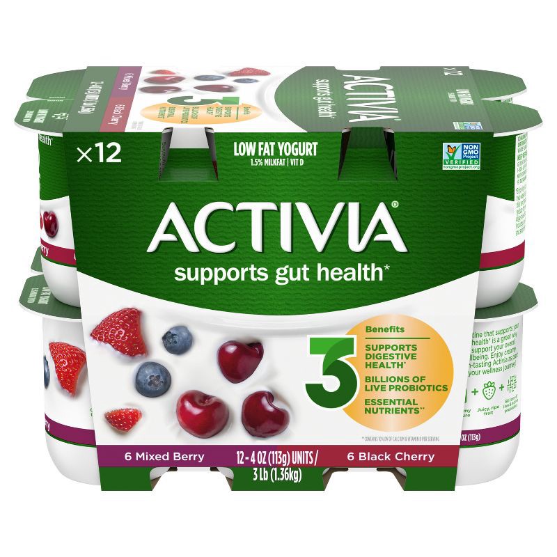 slide 2 of 12, Activia Probiotic Black Cherry & Mixed Berry Yogurt Variety Pack - 12ct/4oz Cups, 12 ct; 4 oz