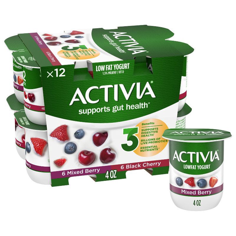 slide 1 of 12, Activia Probiotic Black Cherry & Mixed Berry Yogurt Variety Pack - 12ct/4oz Cups, 12 ct; 4 oz