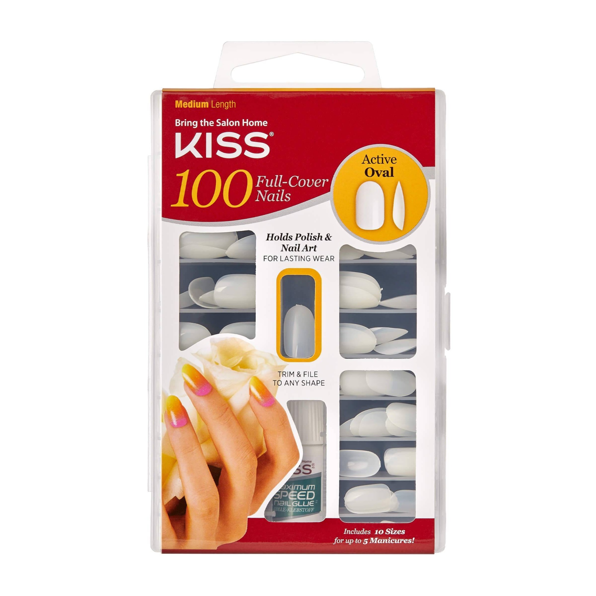 slide 1 of 2, Kiss Full Cover False Nails Active Oval, 100 ct