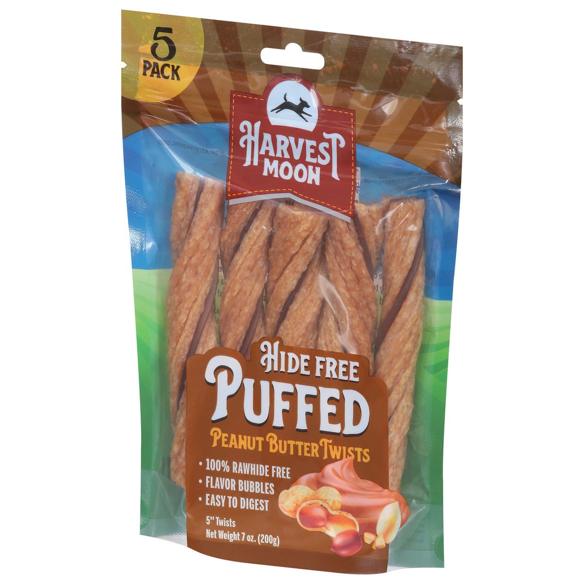 slide 3 of 15, Harvest Moon Hide Free Puffed Peanut Butter Twists Dog Treat 5 Pack 5 ea, 5 ct