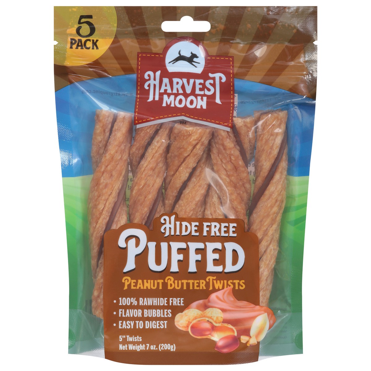 slide 4 of 15, Harvest Moon Hide Free Puffed Peanut Butter Twists Dog Treat 5 Pack 5 ea, 5 ct