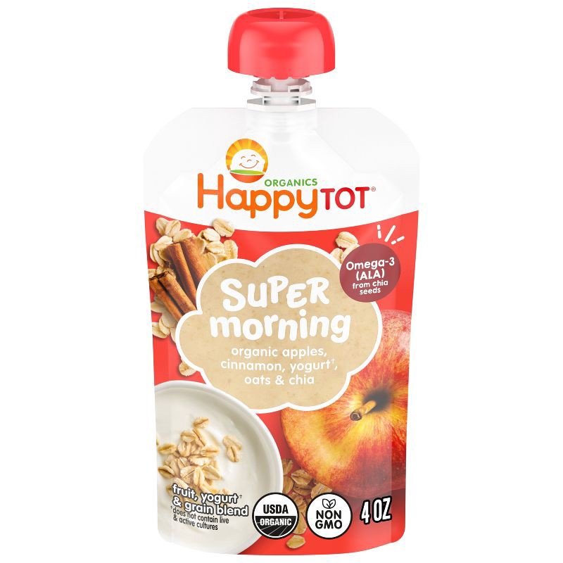 slide 1 of 7, HappyTot Happy Tot Super Morning Organic Apples, Cinnamon, Yogurt, Oats & Chia Toddler Pouch - 4oz: Toddler Meal, Pureed Baby Food, Ready to Eat, 4 oz