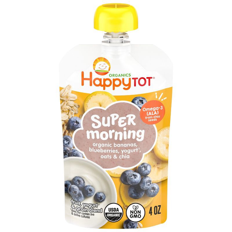 slide 1 of 9, Happy Baby Happy Tot Super Morning Organic Bananas, Blueberries Yogurt, Oats & Chia Toddler Pouch - 4oz: 24 Months+, Pureed Meal, 4 oz