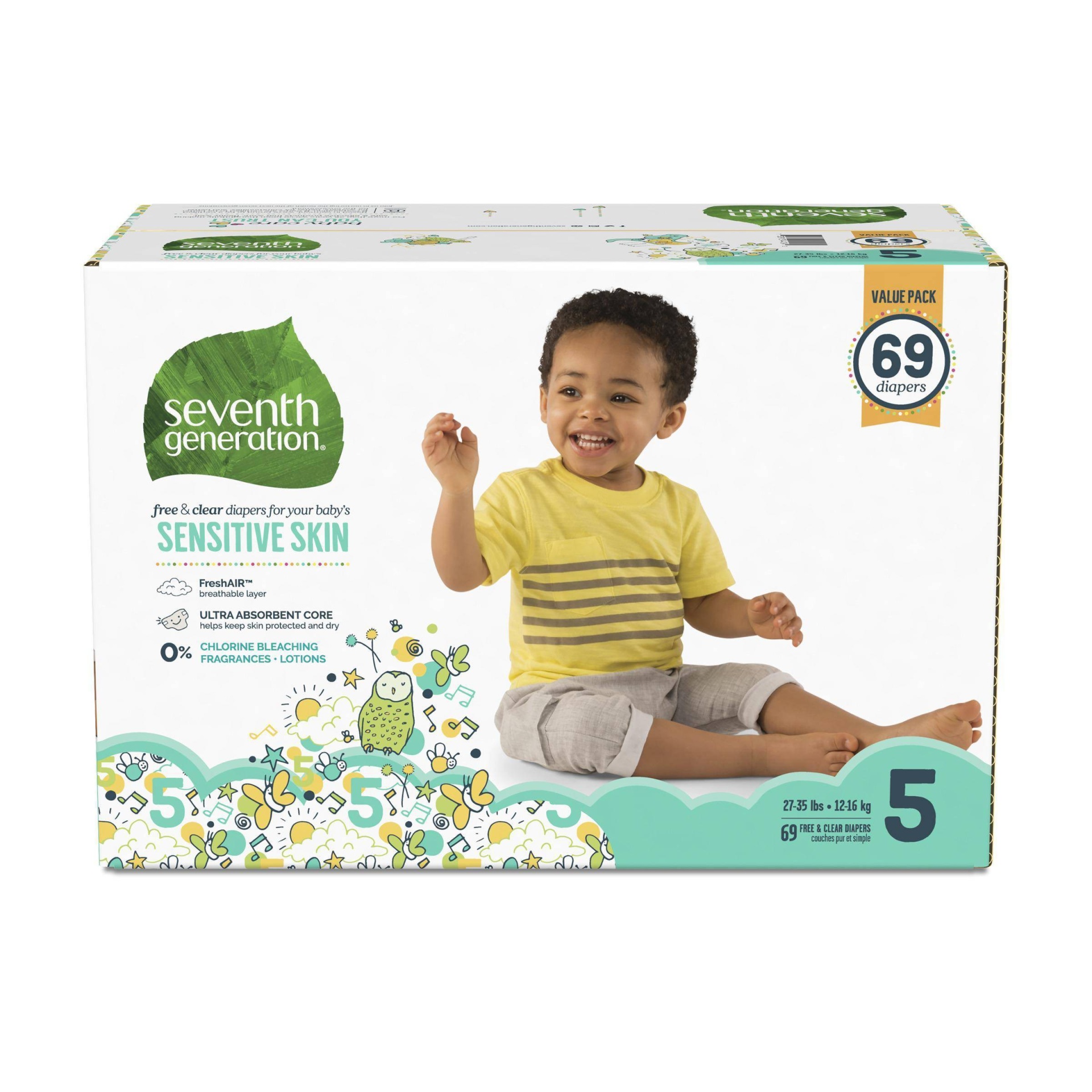 slide 1 of 1, Seventh Generation Free & Clear Diapers Size 5, 69 ct