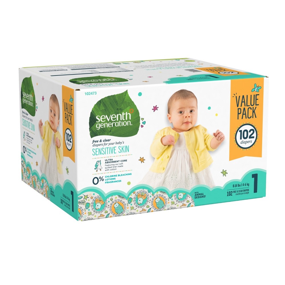 slide 2 of 4, Seventh Generation Free & Clear Diapers, 102 ct; Size 1