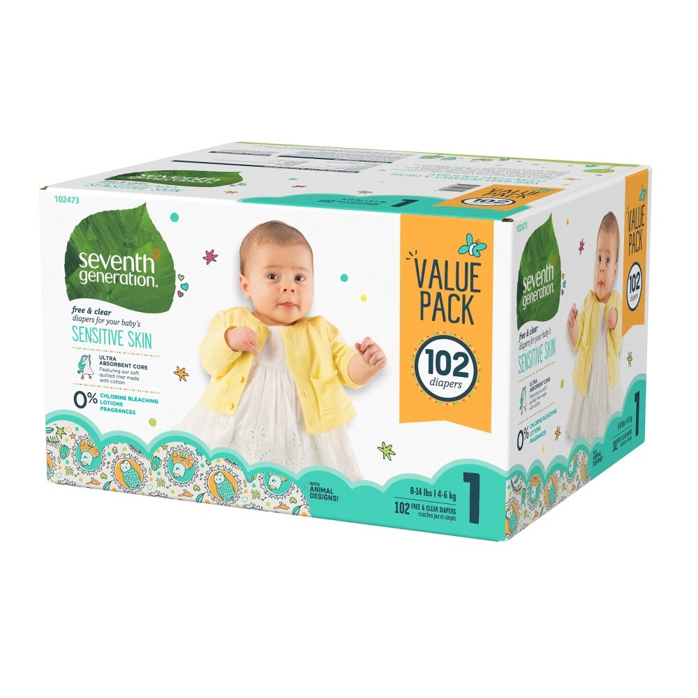 slide 4 of 4, Seventh Generation Free & Clear Diapers, 102 ct; Size 1