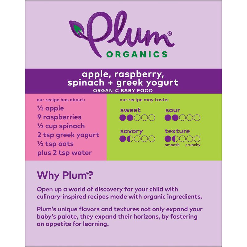 slide 2 of 11, Plum Organics Baby Food Stage 2 - Apple Raspberry Spinach Greek Yogurt - 3.5oz, 3.5 oz