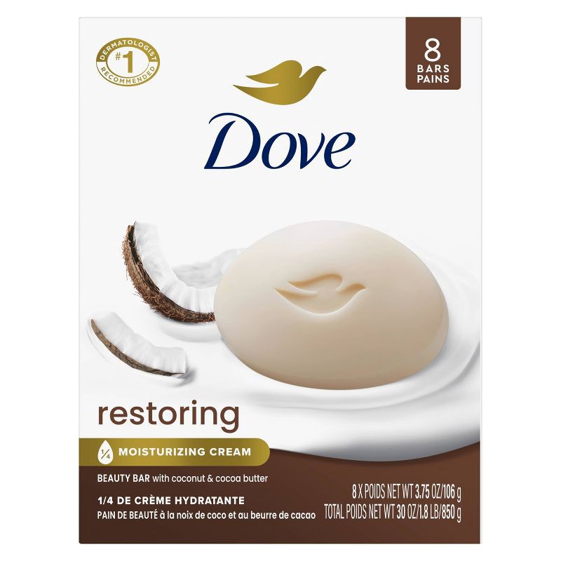 slide 2 of 12, Dove Beauty Restoring Coconut & Cocoa Butter Beauty Bar Soap – 8pk/3.75oz, 30 oz