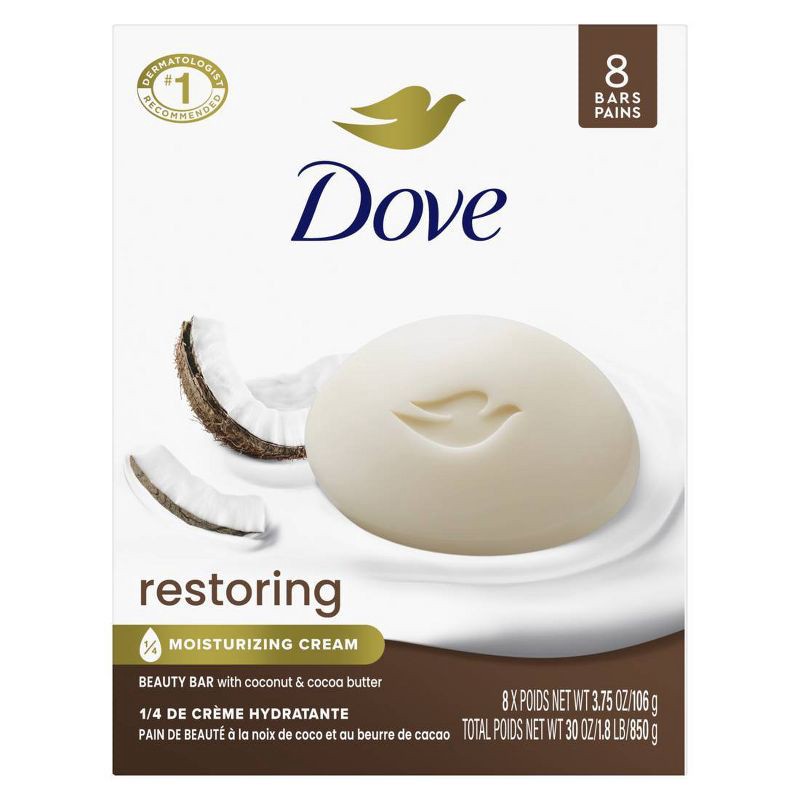 slide 2 of 7, Dove Beauty Restoring Coconut & Cocoa Butter Beauty Bar Soap – 8pk/3.75oz, 8 ct, 3.75 oz