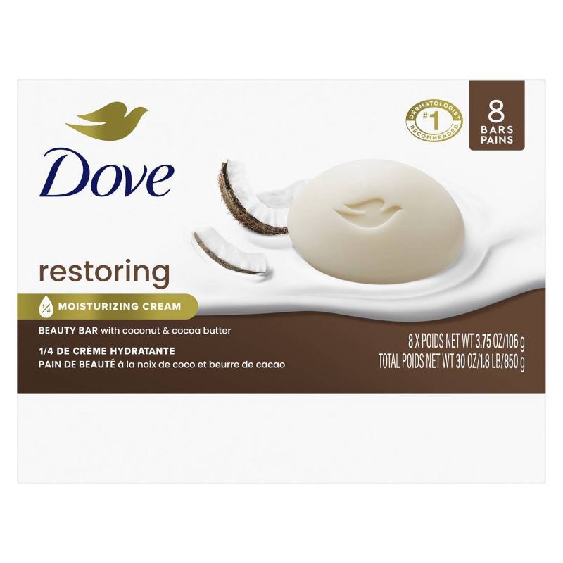 slide 3 of 8, Dove Beauty Restoring Coconut & Cocoa Butter Beauty Bar Soap – 8pk/3.75oz, 30 oz