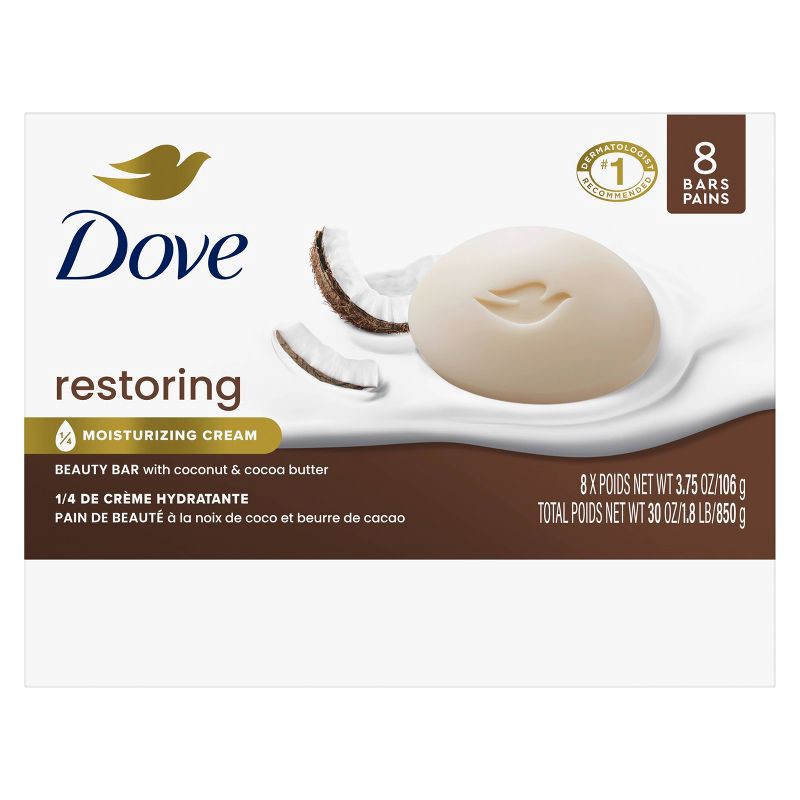 slide 4 of 12, Dove Beauty Restoring Coconut & Cocoa Butter Beauty Bar Soap – 8pk/3.75oz, 30 oz