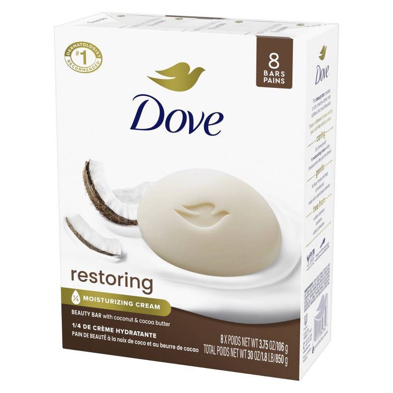 slide 6 of 7, Dove Beauty Restoring Coconut & Cocoa Butter Beauty Bar Soap – 8pk/3.75oz, 8 ct, 3.75 oz