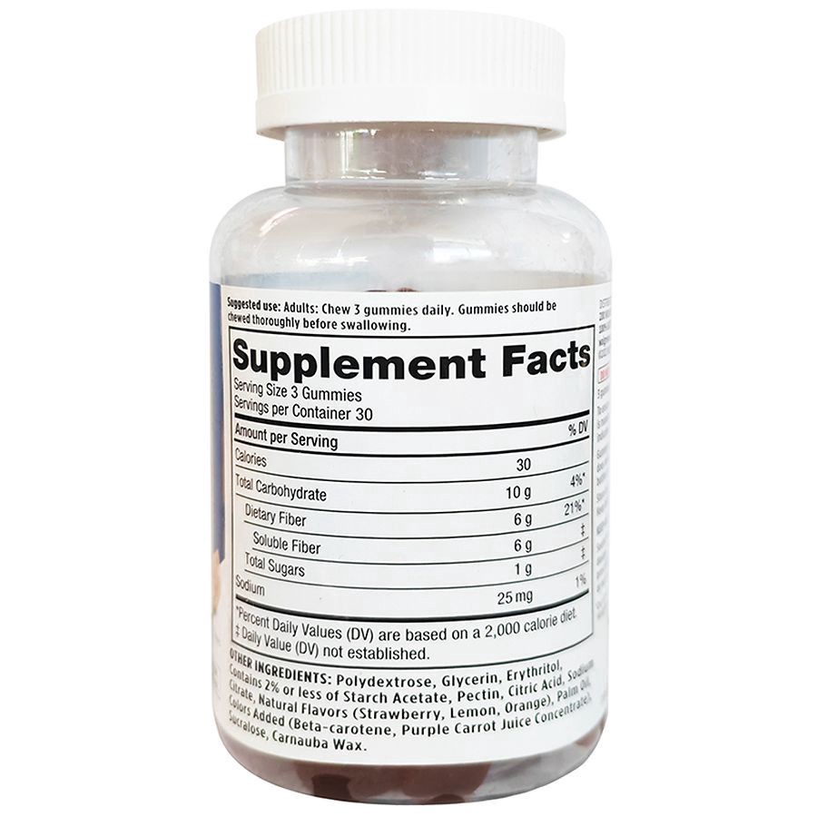 slide 3 of 3, Walgreens High Fiber Gummies Natural Orange, Lemon & Strawberry, 90 ct