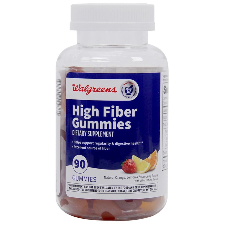 slide 1 of 3, Walgreens High Fiber Gummies Natural Orange, Lemon & Strawberry, 90 ct