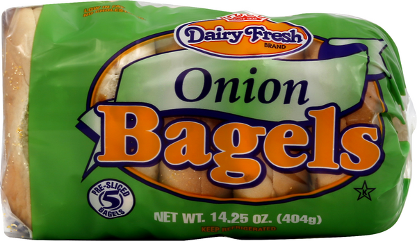 slide 1 of 1, Dairy Fresh Onion Bagels 5 Pre-Sliced, 14.25 oz