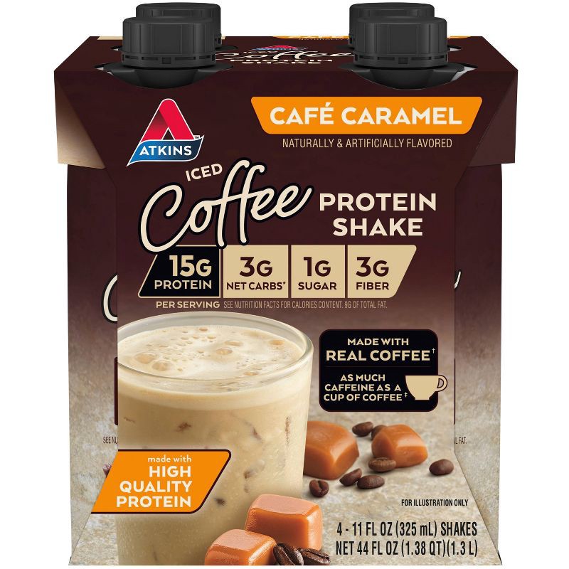 slide 1 of 11, Atkins Meal Replacement Iced Coffee Protein Shake - Cafe Caramel - 4pk, 4 ct