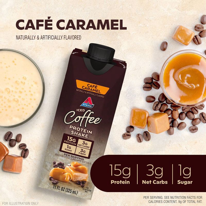 slide 4 of 11, Atkins Meal Replacement Iced Coffee Protein Shake - Cafe Caramel - 4pk, 4 ct