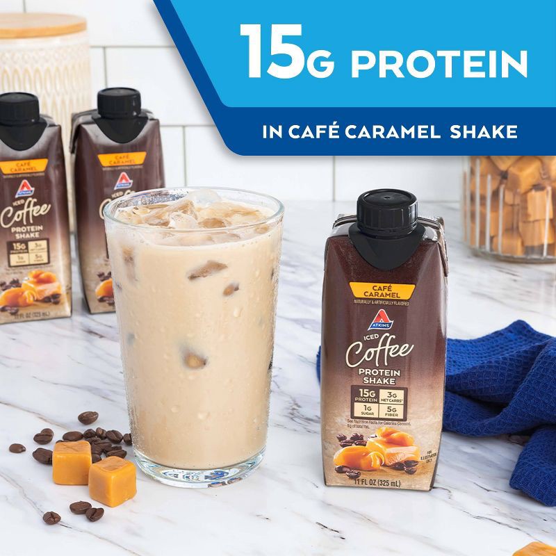 slide 8 of 11, Atkins Meal Replacement Iced Coffee Cafe Caramel Caffeinated Whey Protein Isolate Shake - 4pk, 4 ct