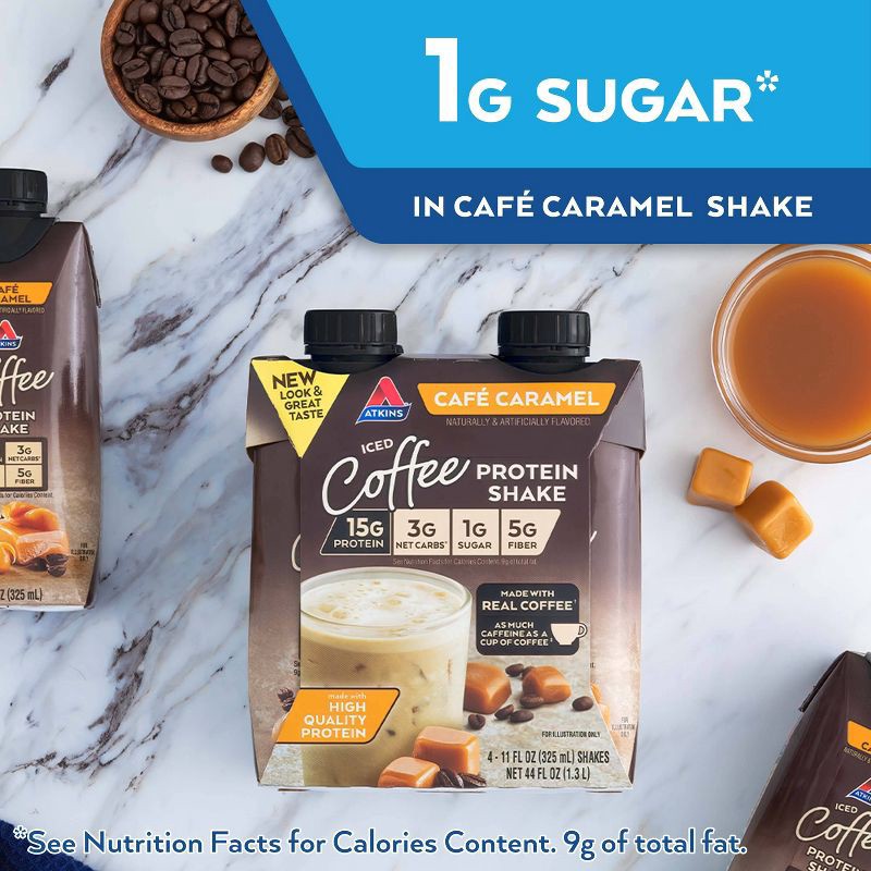slide 9 of 11, Atkins Meal Replacement Iced Coffee Cafe Caramel Caffeinated Whey Protein Isolate Shake - 4pk, 4 ct