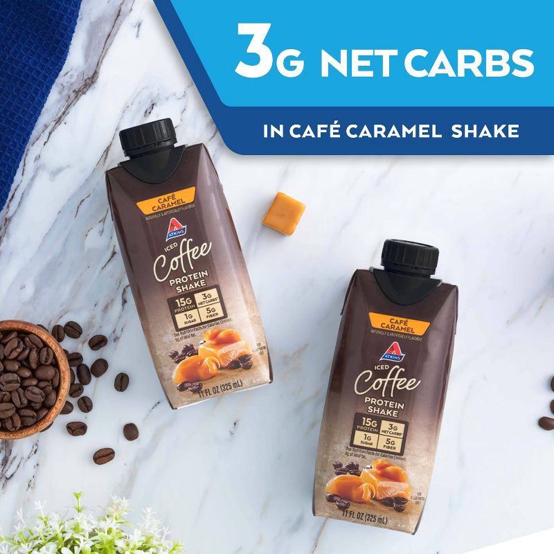 slide 10 of 11, Atkins Meal Replacement Iced Coffee Cafe Caramel Caffeinated Whey Protein Isolate Shake - 4pk, 4 ct
