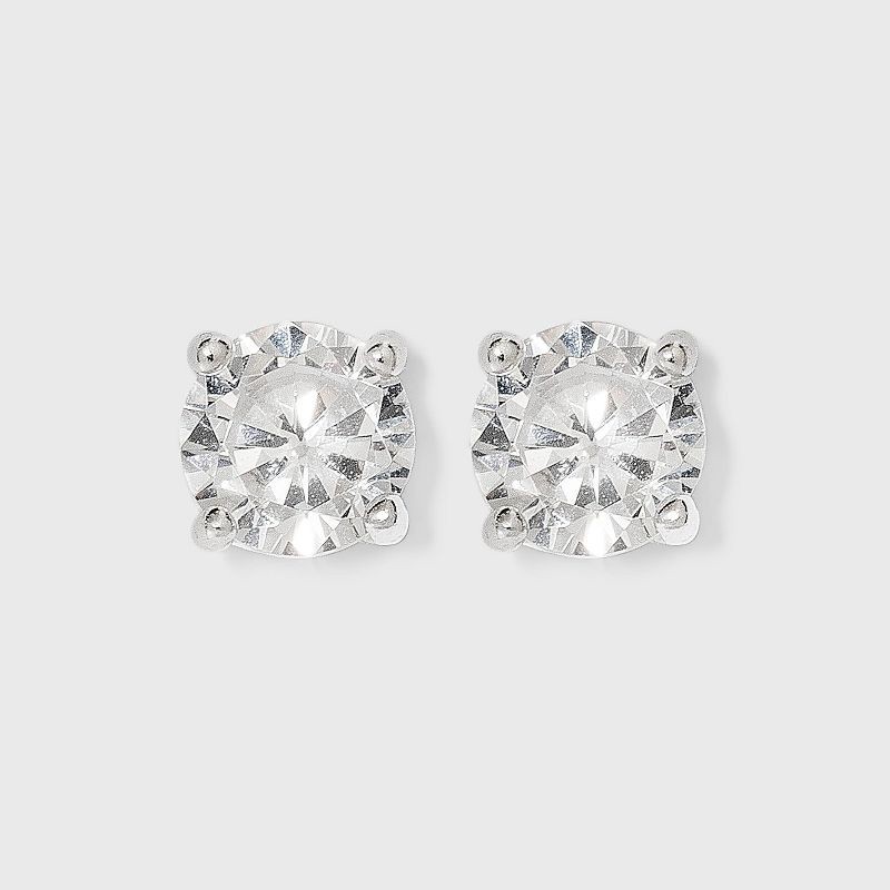 slide 1 of 2, Women's Sterling Silver Cubic Zirconia Stud Earrings - A New Day™ Silver/Clear: Polished Nickel-Free Basket Setting, 1 ct