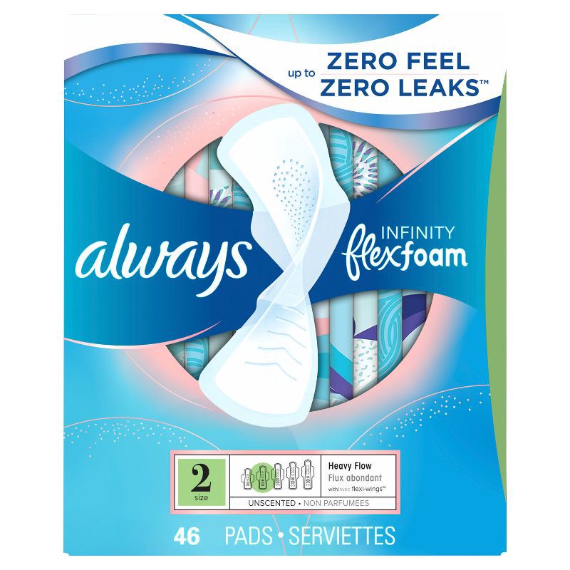 slide 2 of 8, Always Infinity Super Absorbency Avec Flex Foam Pads - Unscented - Size 2 - 46ct, 46 ct