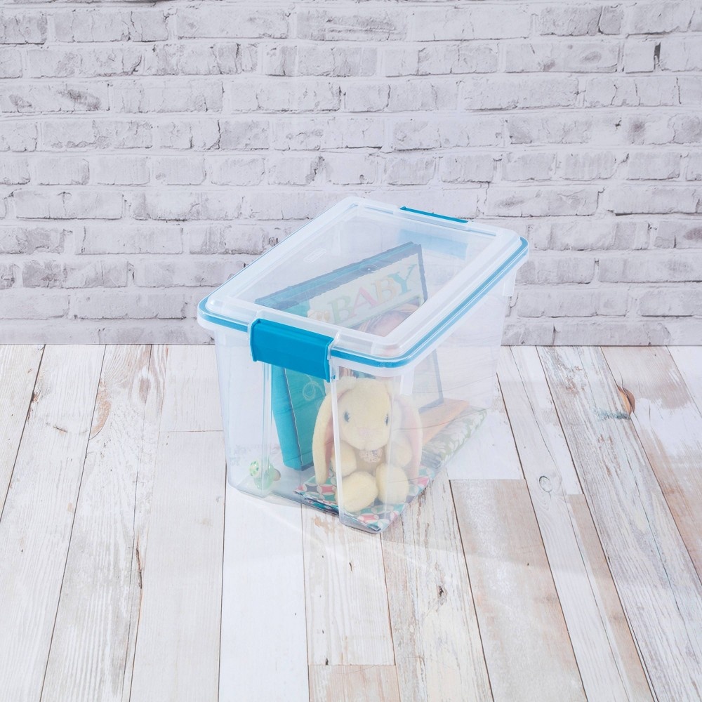 slide 5 of 7, Sterilite Gasket Box with Latches Clear/Blue, 20 qt