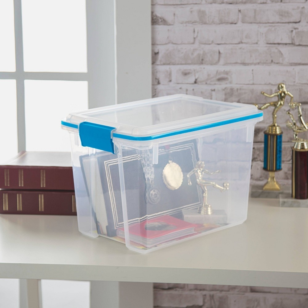 slide 6 of 7, Sterilite Gasket Box with Latches Clear/Blue, 20 qt
