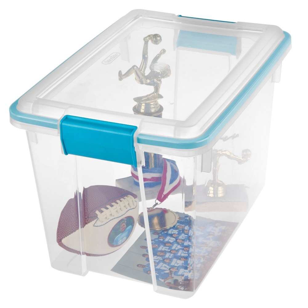 slide 2 of 7, Sterilite Gasket Box with Latches Clear/Blue, 20 qt
