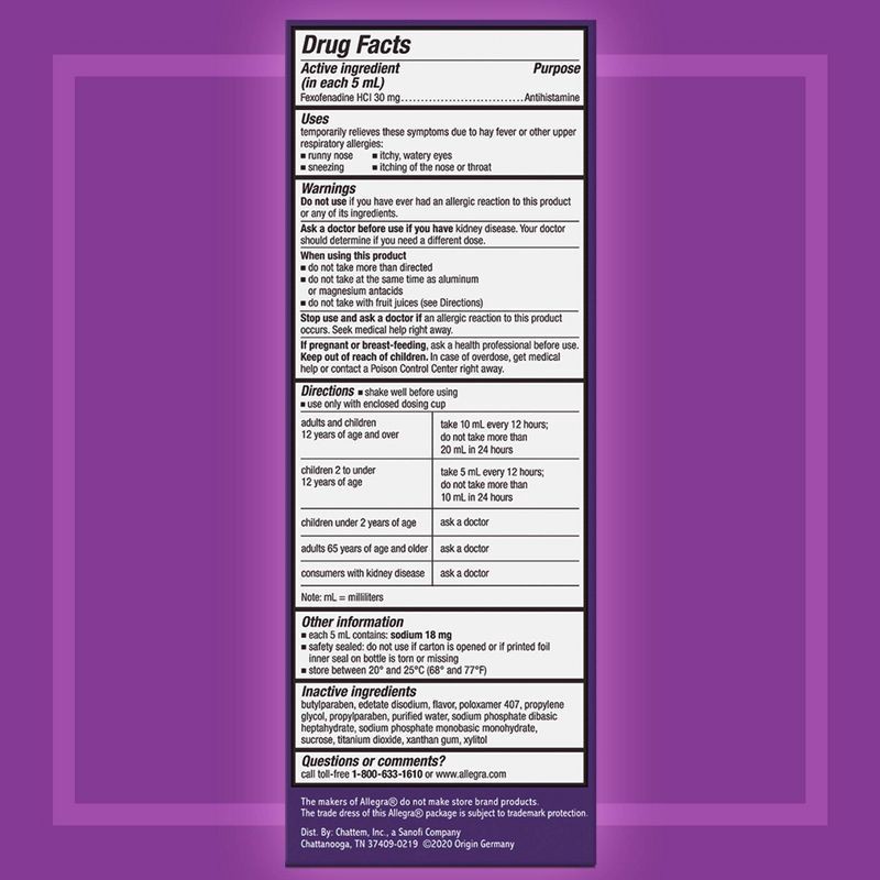 slide 2 of 8, Children's Allegra 12 Hour Allergy Relief Oral Suspension - Berry Flavor - Fexofenadine Hydrochloride - 8 fl oz, 8 fl oz