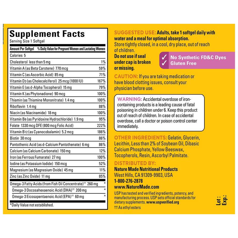 slide 3 of 10, Nature Made Prenatal with Folic Acid + DHA, Prenatal Vitamin and Mineral Supplement Softgels - 60ct, 60 ct