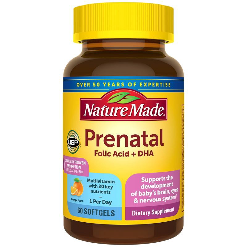 slide 1 of 10, Nature Made Prenatal with Folic Acid + DHA, Prenatal Vitamin and Mineral Supplement Softgels - 60ct, 60 ct