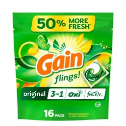 Gain flings! Original 3 in 1 Oxi & Febreze HE Deep Cleaning Concentrated Laundry Detergent Pods 16 Pacs - 10oz