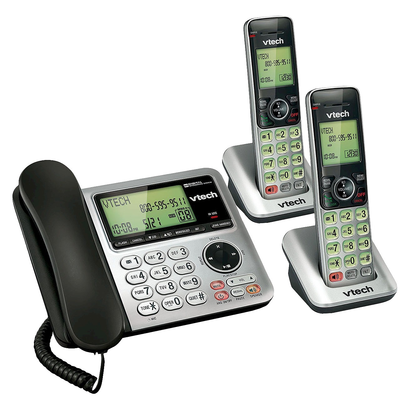 slide 1 of 3, V-Tech VTech CS6649-2 DECT 6.0 Expandable Corded/Cordless Phone with Answering Machine, 2 Handsets -Silver, 1 ct