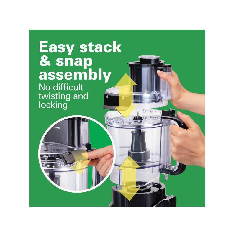 slide 5 of 10, Hamilton Beach 12 Cup Stack and Snap Food Processor - Black - 70727: Stainless Steel Blades, 500W, Adjustable Speed, 1 ct