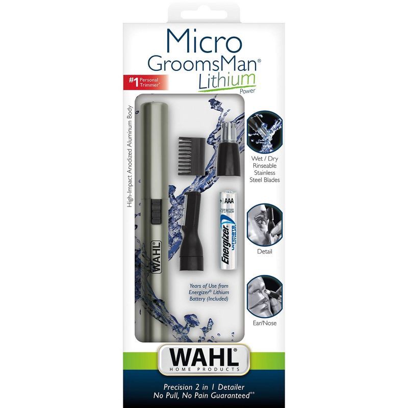 slide 6 of 6, Wahl Lithium Ion Micro Groomsman 2-in-1 Cordless Battery Eyebrow and Nose Trimmer for Men with Rinseable Heads, 1 ct