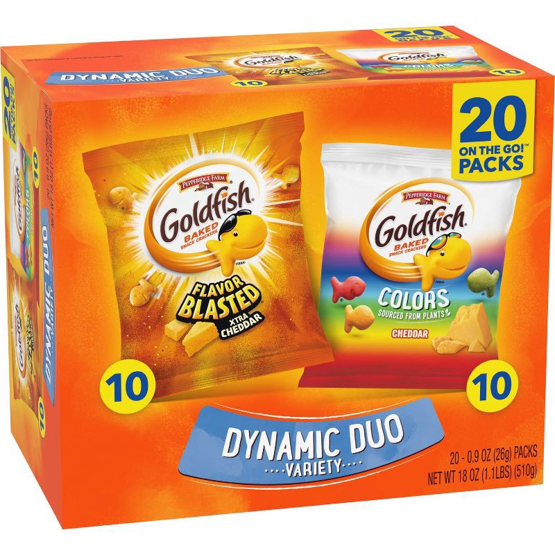 slide 4 of 12, Goldfish Dynamic Duo Variety Pack Colors Cheddar & Flavor Blasted Xtra Cheddar Snack Packs - 18oz/20ct, 18 oz, 20 ct
