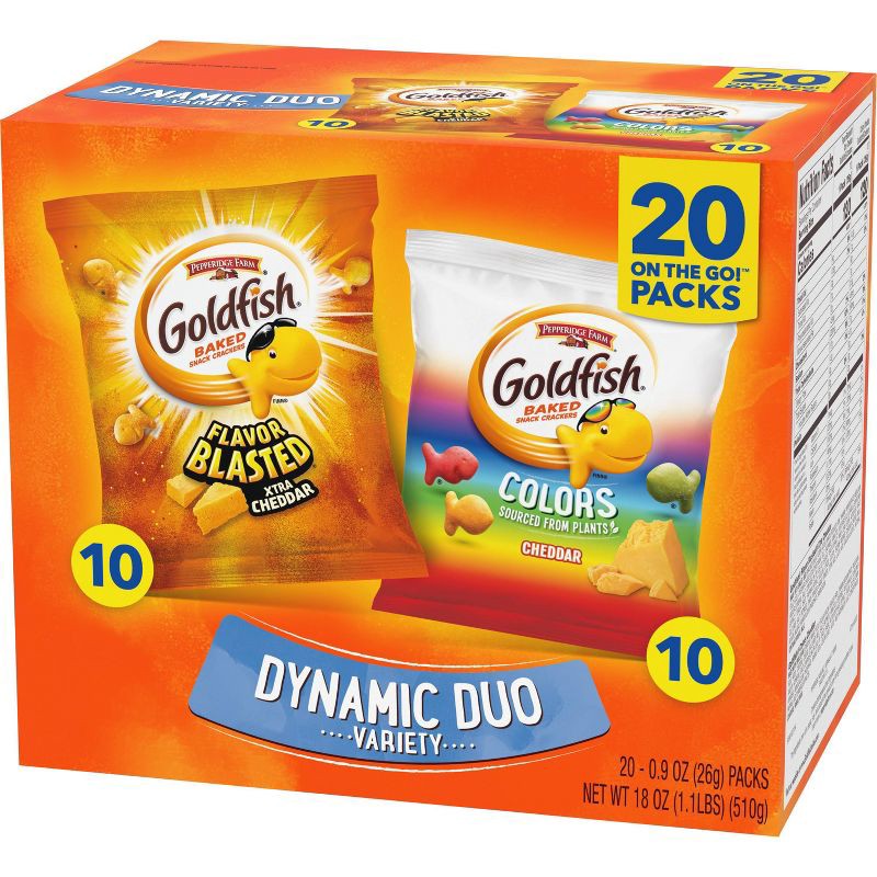slide 5 of 12, Goldfish Dynamic Duo Variety Pack Colors Cheddar & Flavor Blasted Xtra Cheddar Snack Packs - 18oz/20ct, 18 oz, 20 ct