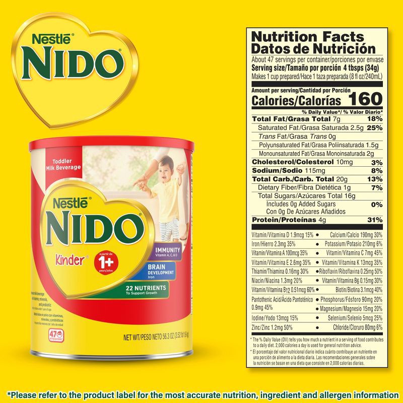 slide 6 of 9, Nestle NIDO Kinder 1+ Toddler and Kids Powdered Milk Beverage - 56.3oz​, 56.3 oz