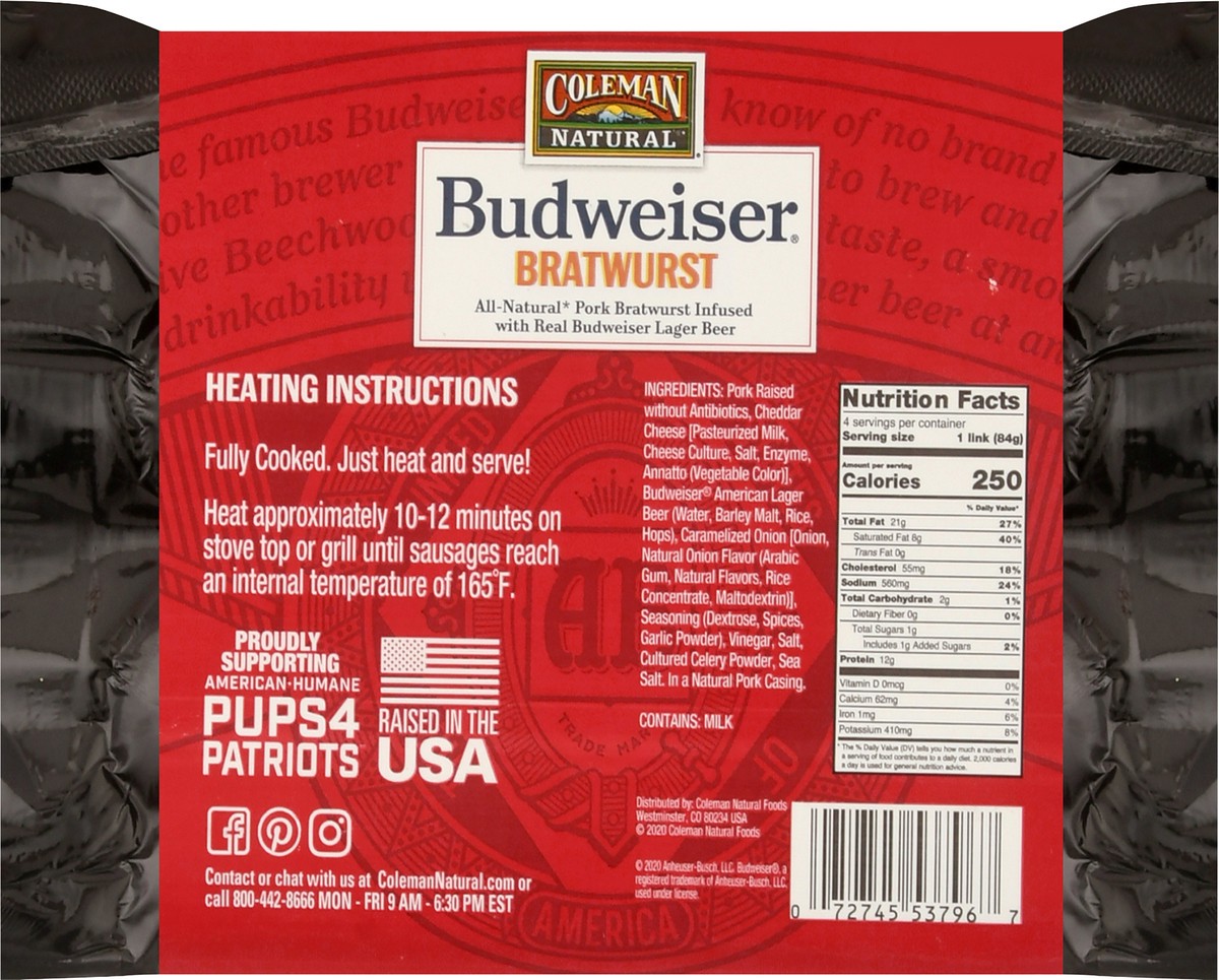 slide 5 of 9, Coleman Natural Budweiser Beer & Cheese Bratwurst 12 oz, 12 oz