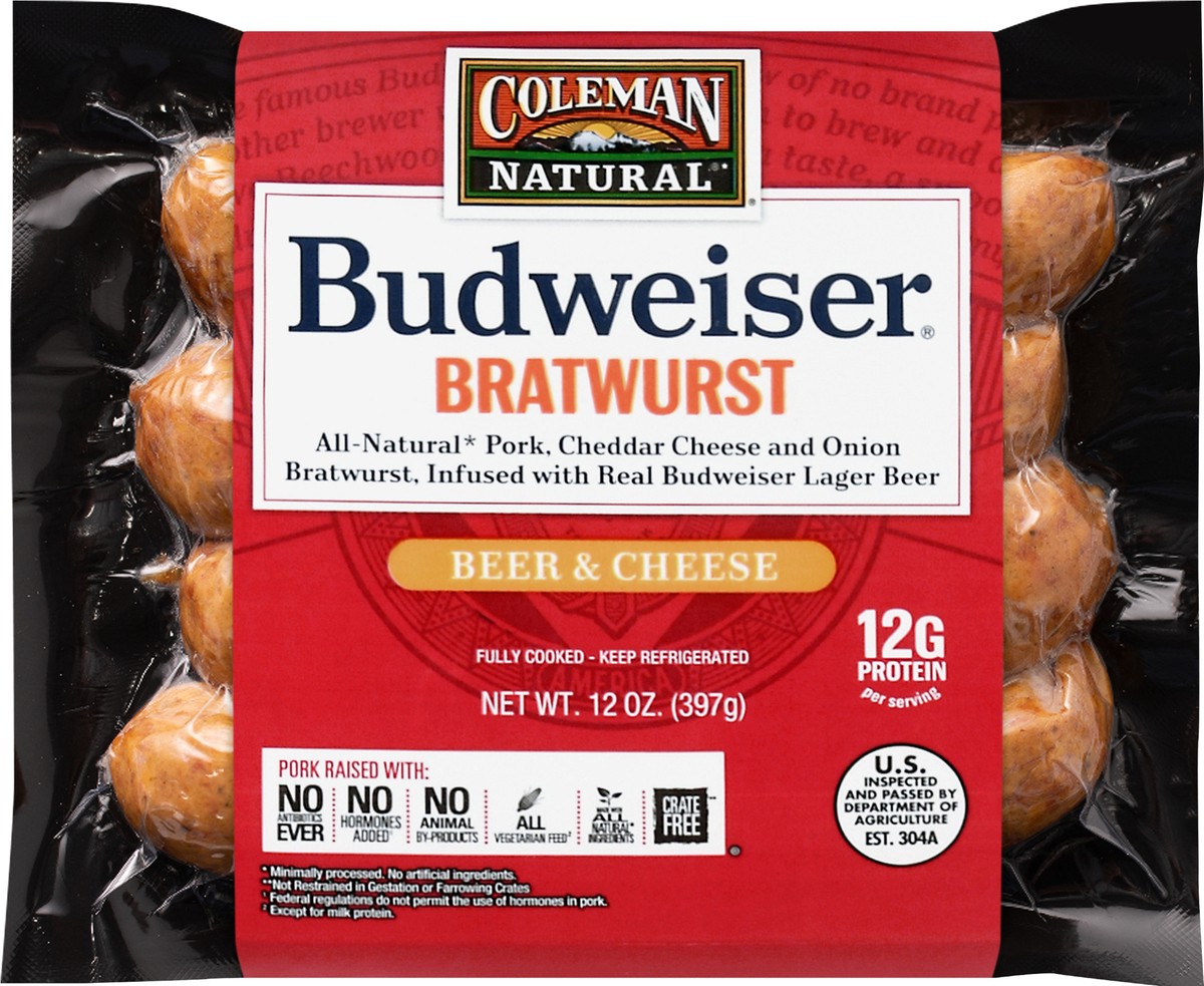 slide 6 of 9, Coleman Natural Budweiser Beer & Cheese Bratwurst 12 oz, 12 oz
