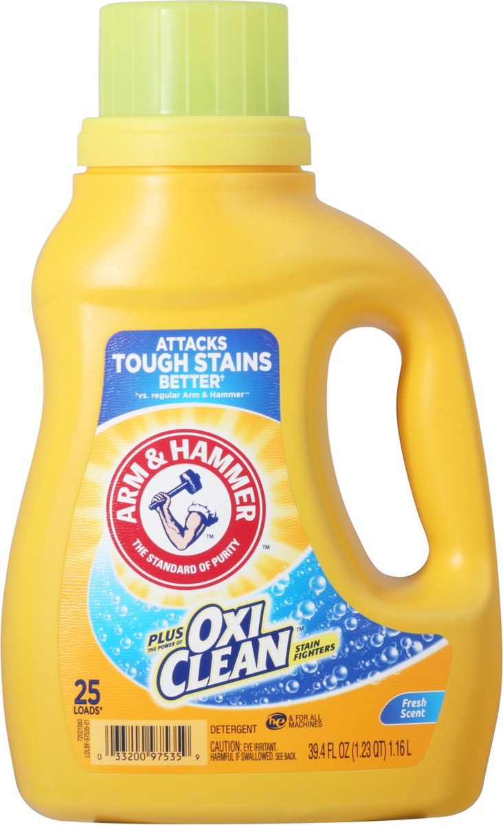 slide 6 of 9, Arm & Hammer Plus OxiClean Fresh Scent, 25 Loads Liquid Laundry Detergent, 39.4 Fl oz, 39.4 oz